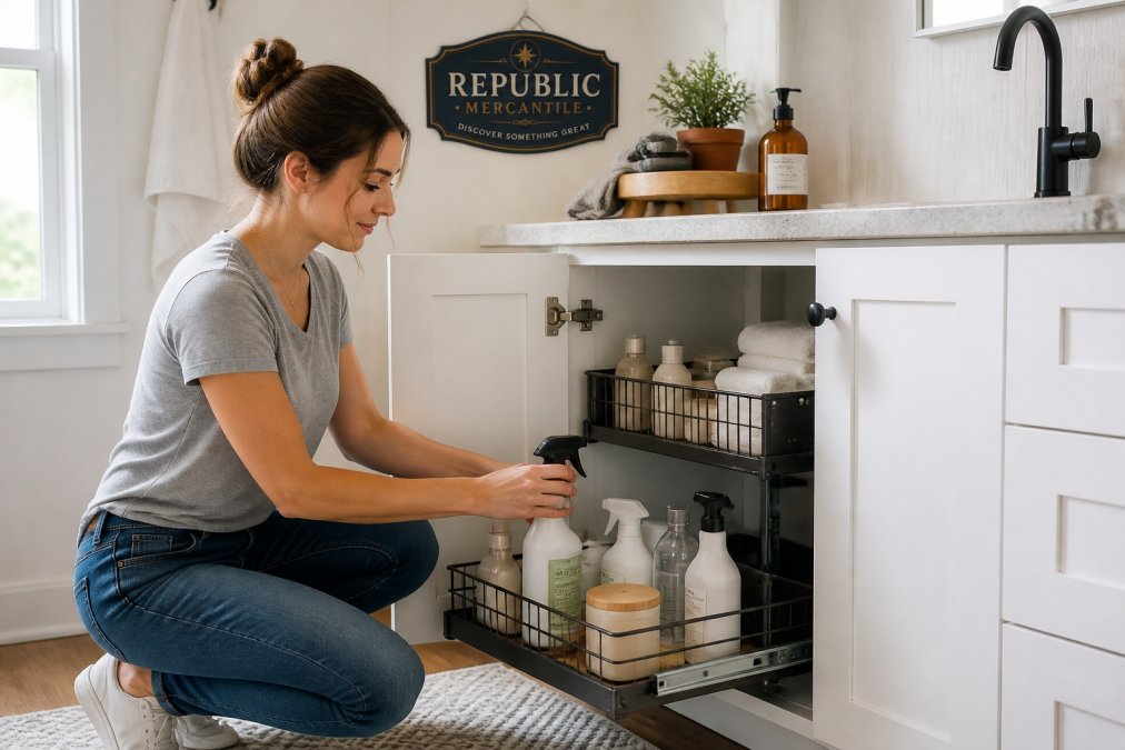 Person organizing a bathroom cabinet with a two-tier pull-out drawer under a tidy countertop