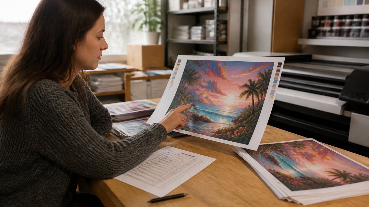 Professional designer reviewing AI artwork on computer monitor, pointing to specific areas while checking print specifications on a printed checklist nearby, natural office lighting