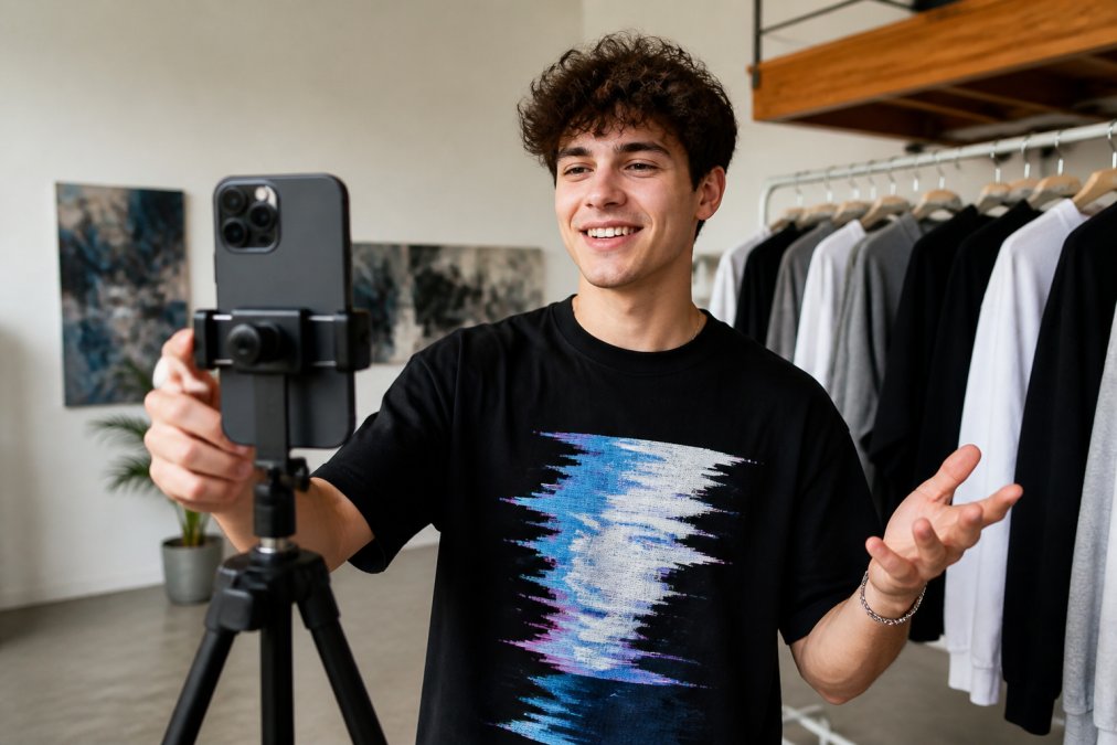A young content creator filming a video in a bright studio, wearing a graphic t-shirt with a glitch-effect design, holding a smartphone on a tripod