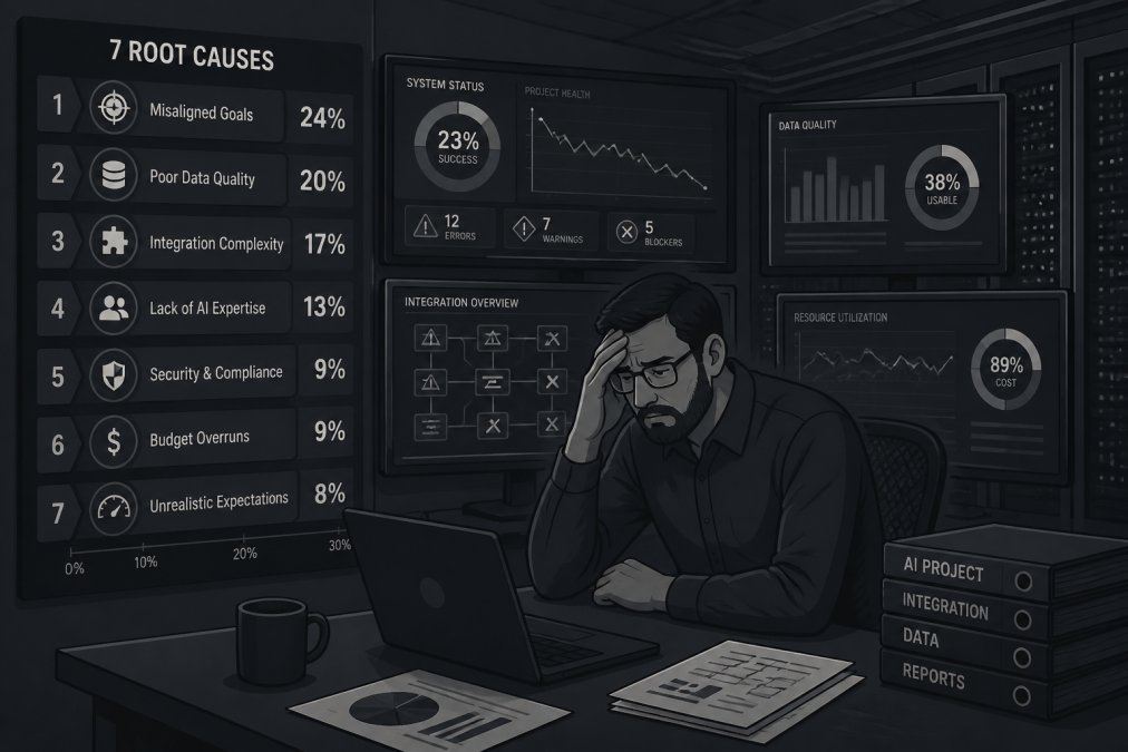 A frustrated IT director sitting at a desk surrounded by monitors showing complex data dashboards, head resting on hand, in a dimly lit server room environment