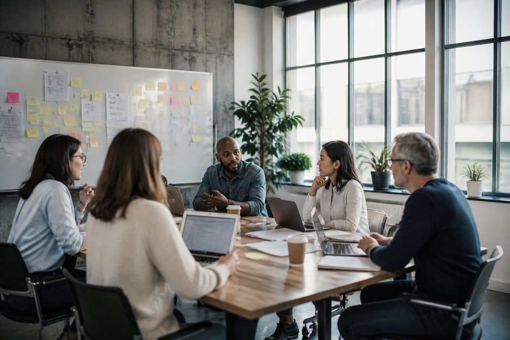 A diverse cross-functional team of professionals collaborating around a conference table with laptops and whiteboards covered in strategy notes in a modern office, with natural daylight coming through large windows