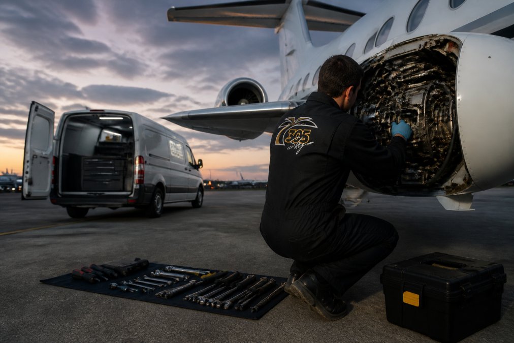 A technician in coveralls working on a business jet engine on the ramp at dusk, with a mobile service van parked nearby and tools laid out on a mat