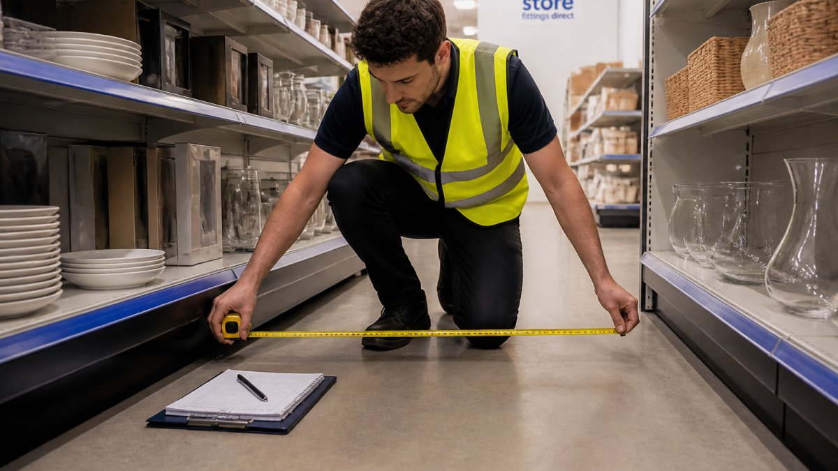 A shop worker in a high-visibility vest kneeling on a shop floor with a tape measure, measuring the gap between two low shelving units, with a clipboard and notebook resting on the floor beside them