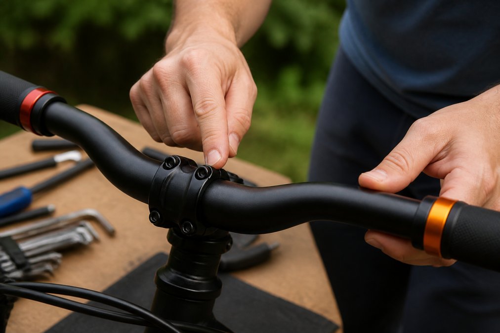 Close-up of a cyclist's hands examining an alloy handlebar in natural daylight, checking for visible cracks and stress marks near the clamp area and bend points