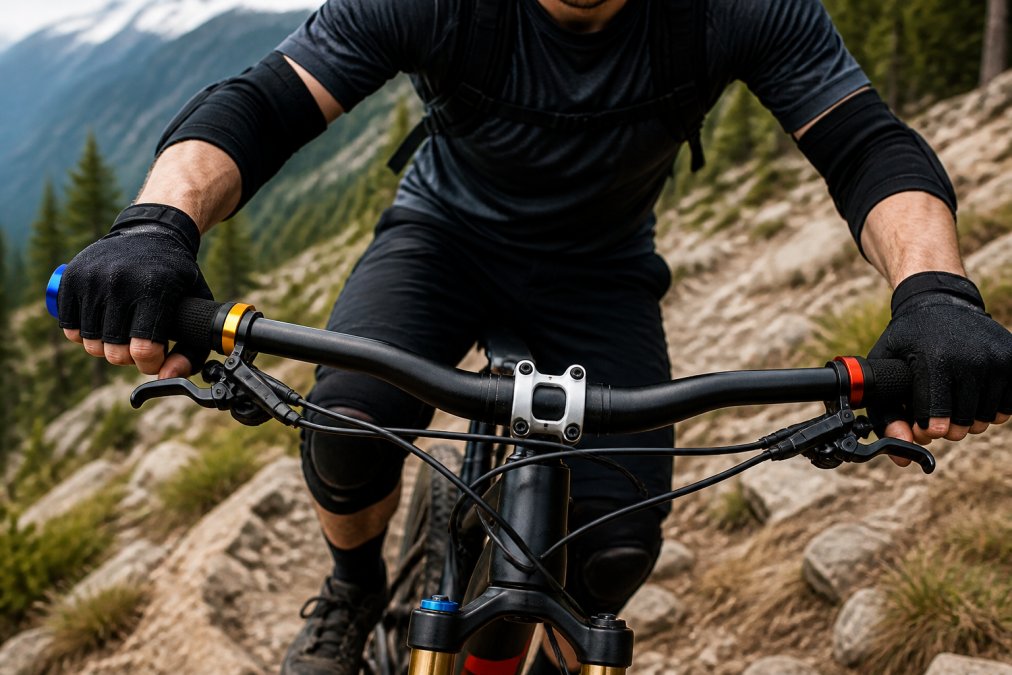 Mountain biker riding on a technical trail with focus on handlebar positioning and the stem-to-handlebar connection point, showing proper grip and steering engagement
