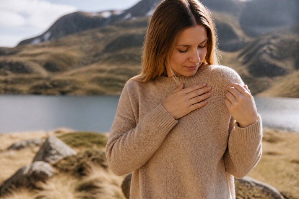 Person wearing a soft alpaca sweater outdoors in cool weather, hands touching the garment to show its fine texture, natural sunlight highlighting the cozy fit and quality craftsmanship
