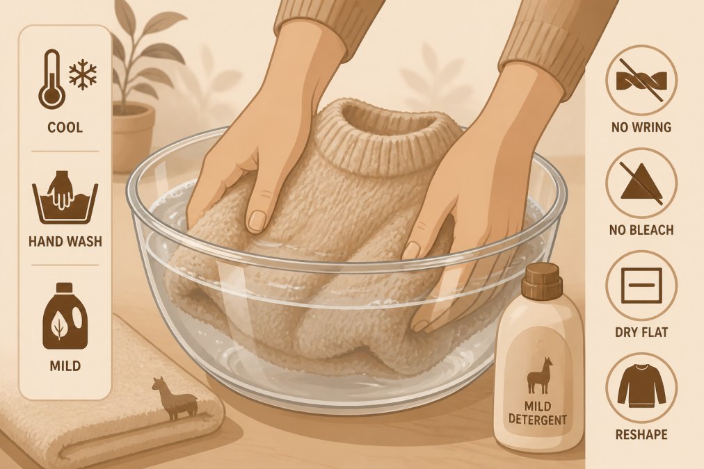 Hands gently hand-washing a soft alpaca sweater in a clear basin with cool water, mild detergent visible, natural kitchen lighting showing the careful technique