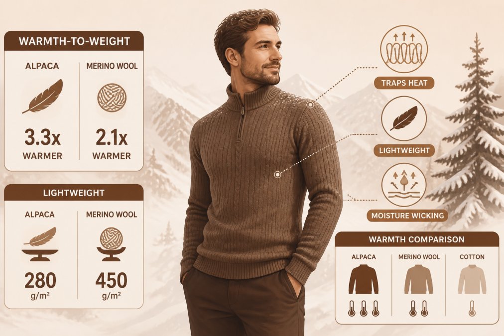 Person wearing a lightweight alpaca sweater outdoors in snowy mountain conditions, showing the sweater's slim fit and visible thinness while they remain warm and comfortable with snow visible on their shoulders and trees in the background