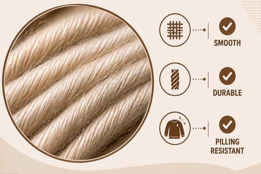 Close-up macro photograph of alpaca fiber texture showing smooth, intact fibers with excellent yarn quality, no visible pilling or damage, natural lighting showing the fiber's sheen and structure
