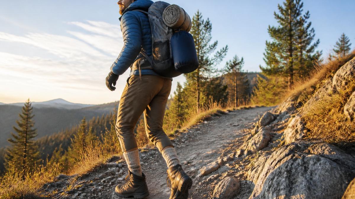 A hiker on a cold mountain trail wearing thick alpaca socks and boots, with a compact stuff sack and sleeping bag strapped to a backpack, low morning light