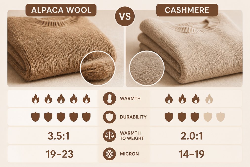 Close-up of folded alpaca sweater and cashmere sweater side by side on neutral background, showing distinct fiber texture and quality differences in natural light