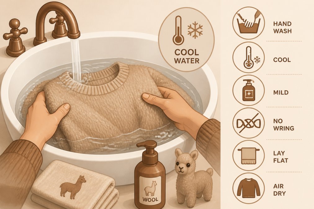 Hands gently washing an alpaca sweater in cool water in a white ceramic sink, demonstrating proper care technique with soft water flow and delicate handling