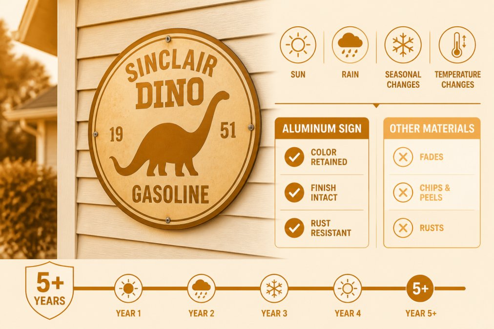 Weathered aluminum sign mounted on a residential exterior wall showing excellent color retention and finish integrity after years of exposure to sun, rain, and seasonal temperature changes