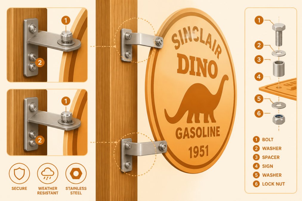 Close-up of professional stainless steel mounting hardware and brackets securing an aluminum sign to a wooden post, showing proper bolt placement, washers, and installation detail