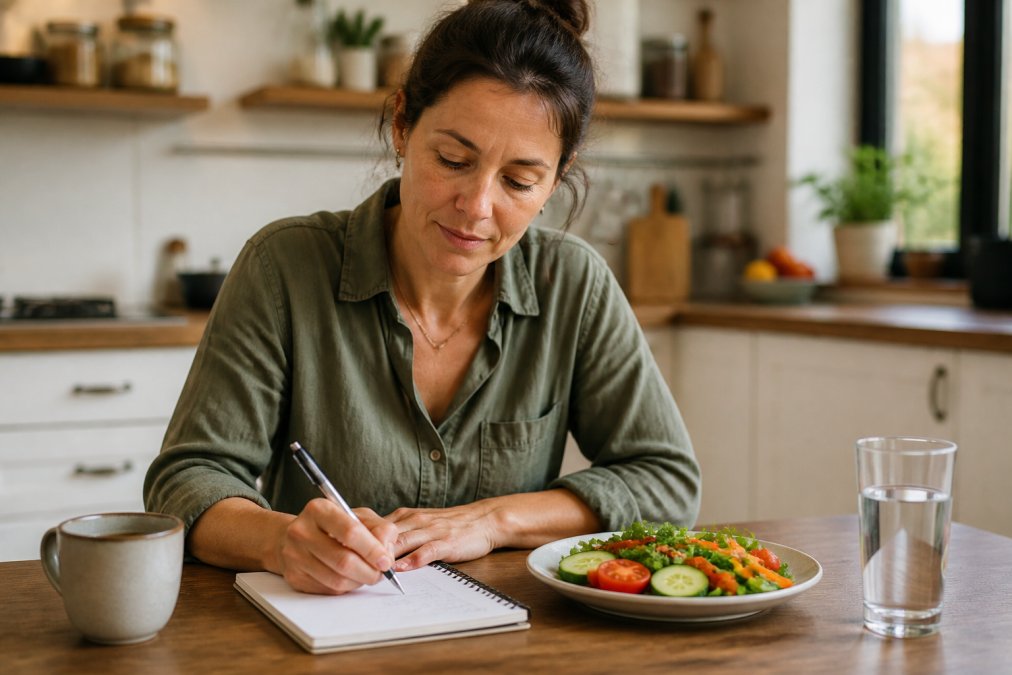 A woman in her 40s sitting at a kitchen table with a notebook and pen, writing in a food diary next to a plate of fresh vegetables, a glass of water, and a cup of tea, in soft natural morning light
