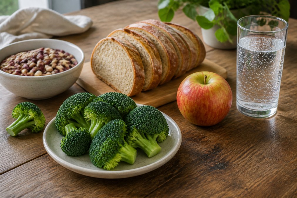 Close-up of a wooden kitchen table with common bloating trigger foods arranged naturally: a bowl of beans, a sliced loaf of bread, raw broccoli florets, a whole apple, and a glass of sparkling water in warm afternoon light