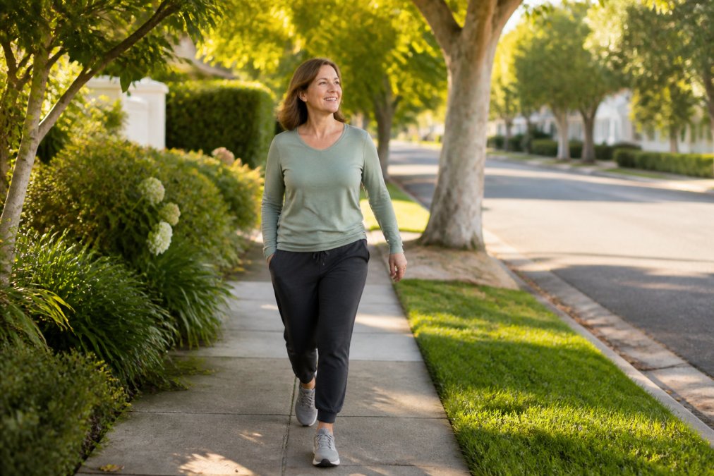A woman in her 40s taking a gentle post-meal walk on a sunny suburban sidewalk, dressed in comfortable clothes, looking relaxed and at ease in warm afternoon light