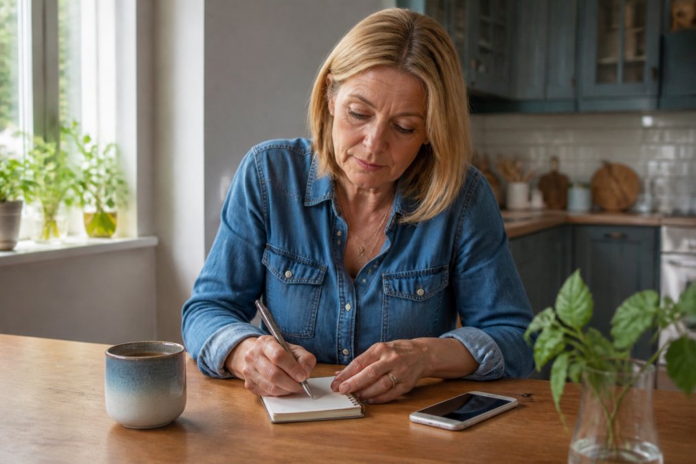 Woman recording daily activity in a notebook to manage the experience of always feeling tired through pacing