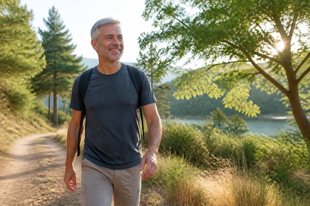 A person in their 50s walking outdoors in natural light, appearing energized and engaged, with trees and open space in the background