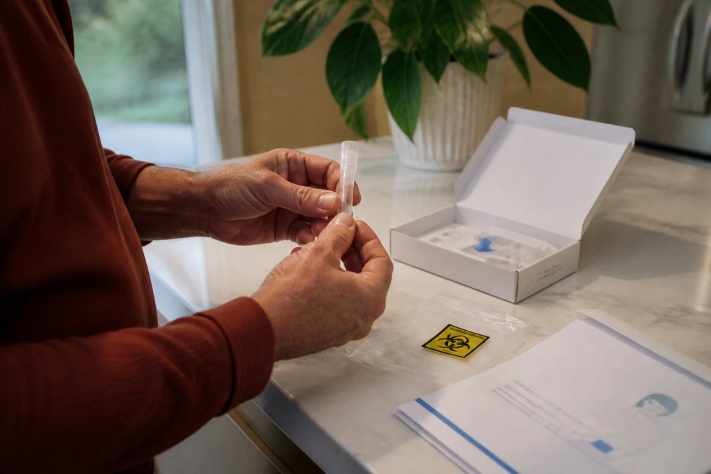 Close-up of hands holding a NAD⁺ test kit or sample collection materials, with a clear report or results document visible nearby