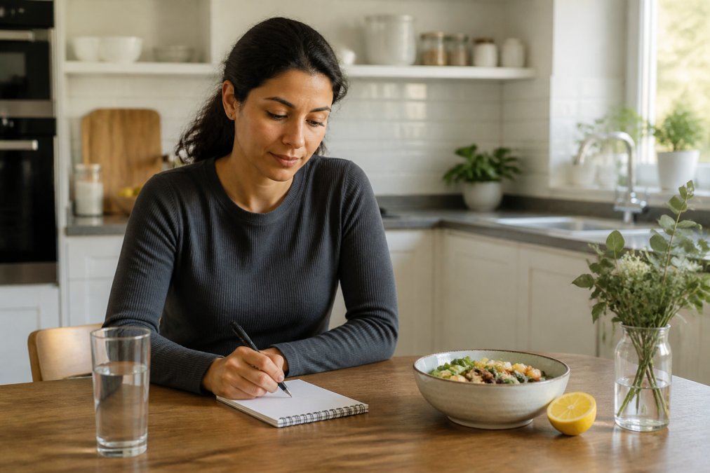 A person sitting at a tidy kitchen table with a glass of water, a small notebook, and a pen, looking calm and focused on their meal plan, natural daylight