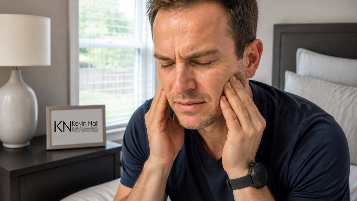 Diagram illustrating signs of jaw clenching sleep like temple tension and joint pain upon waking.