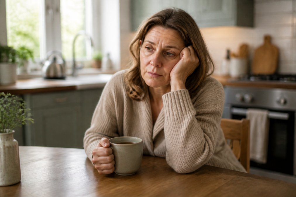 A tired woman in her late forties sitting at a kitchen table with a mug of tea, looking drained and reflective in soft morning light