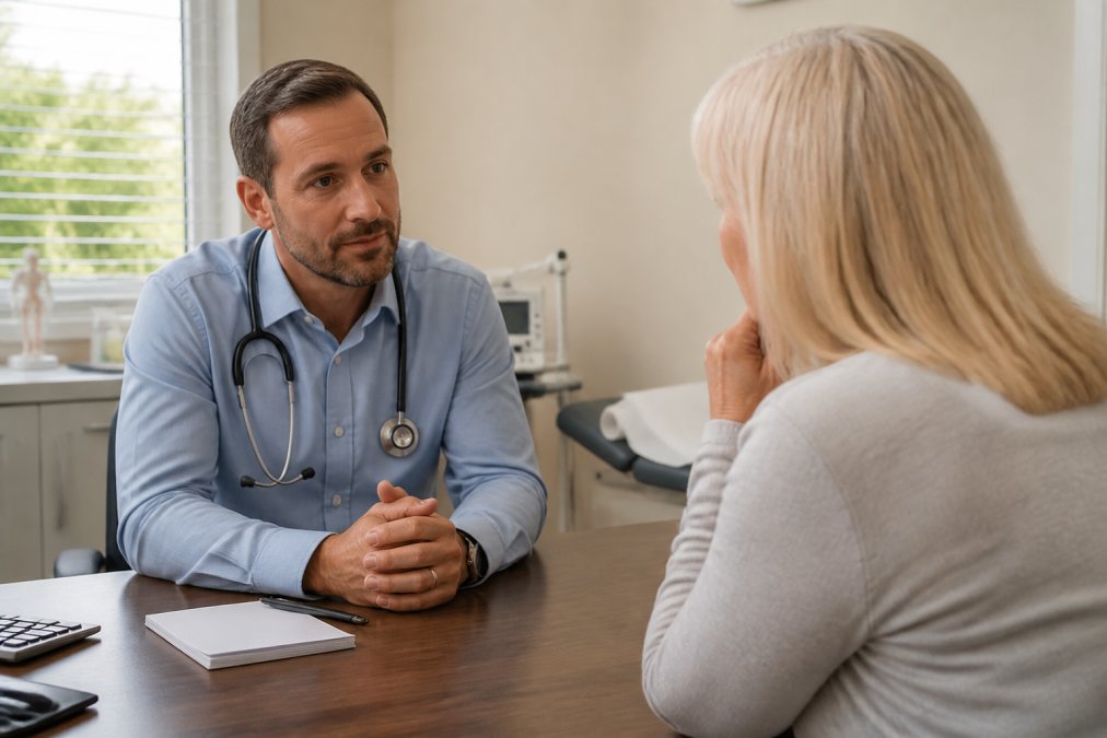 A GP in a consultation room listening attentively to a middle-aged patient, with a desk, medical equipment and natural light in the background