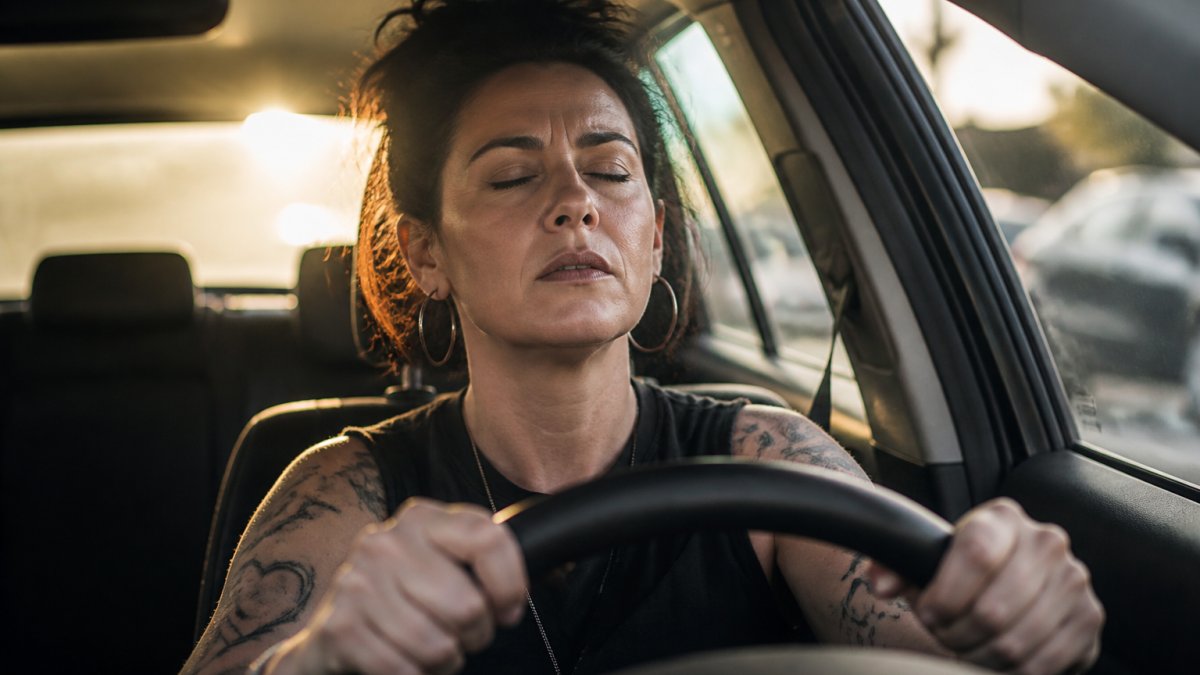 A woman in her 40s sitting in a car with her hands gripping the steering wheel, eyes closed, taking a deep breath, conveying frustration and exhaustion after a chaotic day