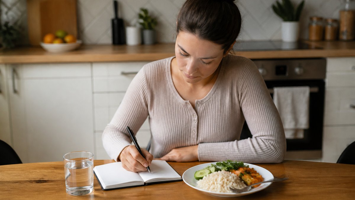 A woman in comfortable clothes sitting at a kitchen table writing notes in a symptom diary beside a glass of water and a plate of simple food