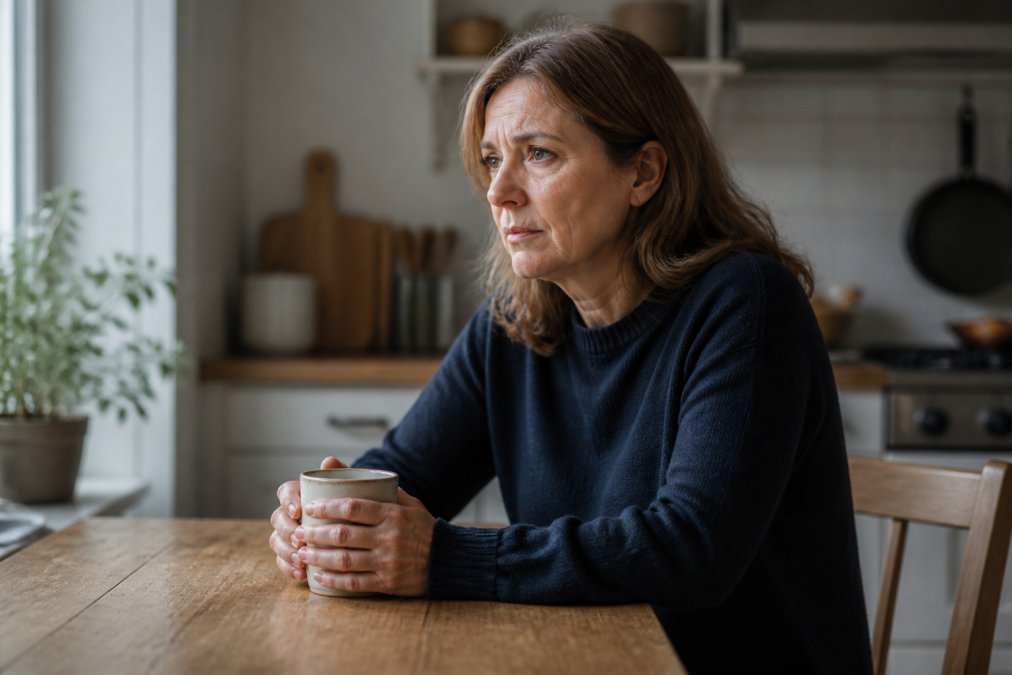 A woman in her late 40s sitting alone at a kitchen table in the morning, shoulders visibly tense, hands wrapped around a mug of tea, looking tired and thoughtful in soft natural light