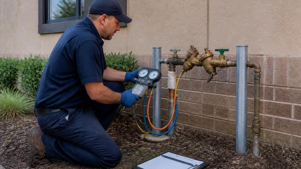 A certified backflow tester in work gloves kneeling at an outdoor backflow preventer beside a commercial building, holding a test kit gauge connected to the assembly, with a clipboard nearby