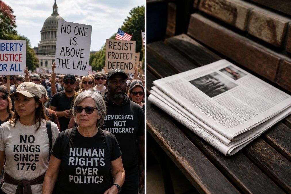Diverse crowd of protesters at a march wearing statement apparel with visible slogans on hoodies and t-shirts, holding signs, unified in action with natural daylight
