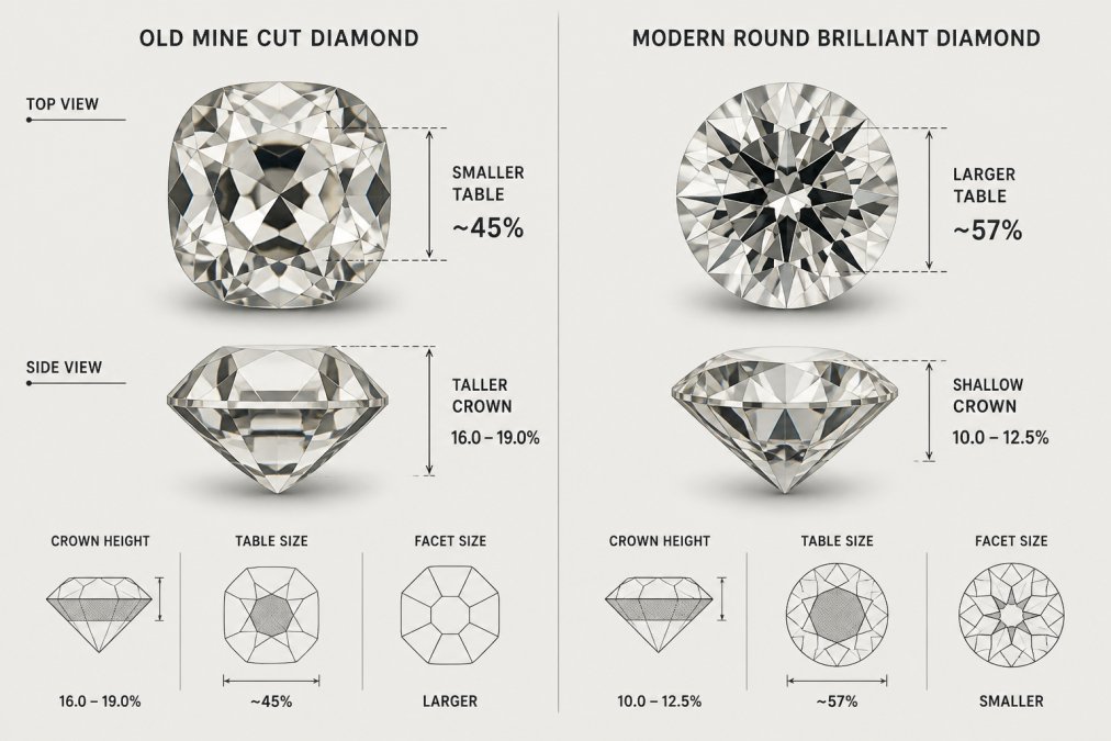 Close-up of an Old Mine Cut diamond and a modern round brilliant diamond positioned side by side under natural daylight, showing the visibly taller crown, smaller table, and larger facet structure of the antique stone compared to the shallow crown and larger table of the modern brilliant