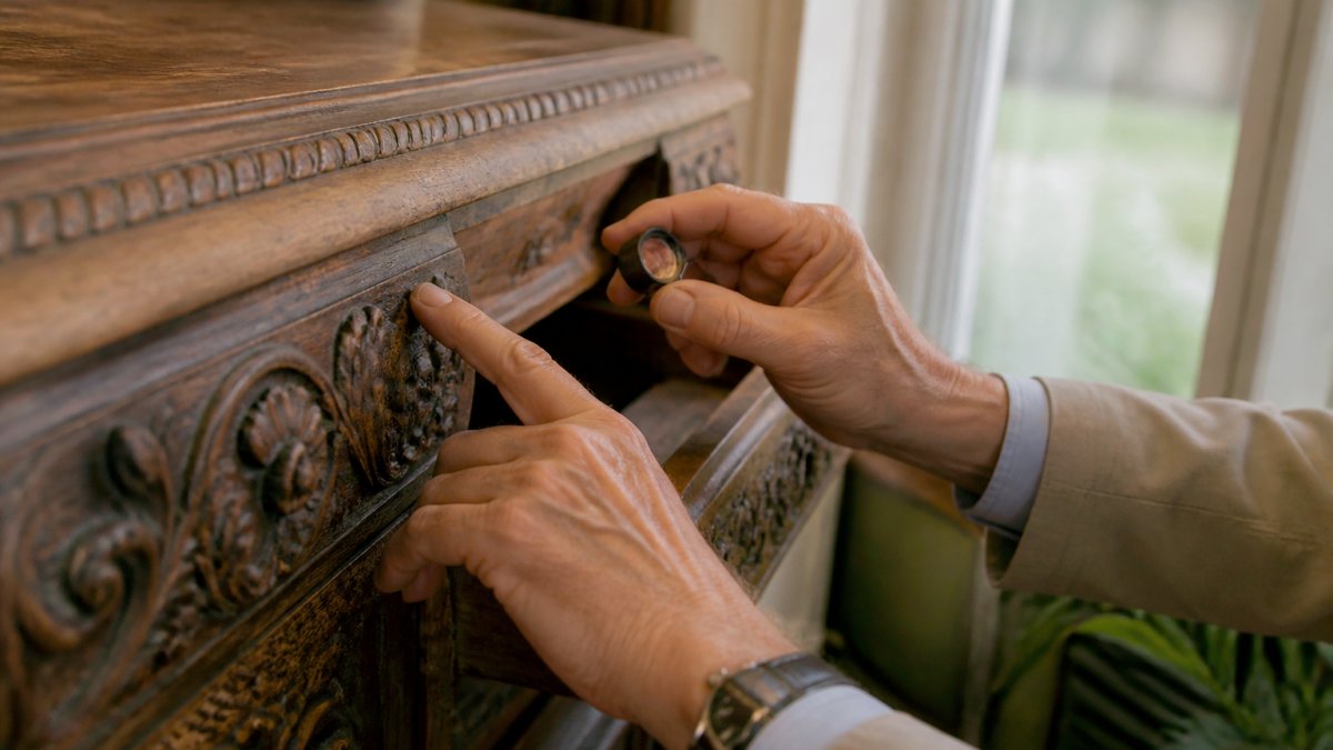 Professional antique appraiser's hands examining close-up details of carved wooden furniture surface, inspecting joinery and wood grain patterns under natural light from a window