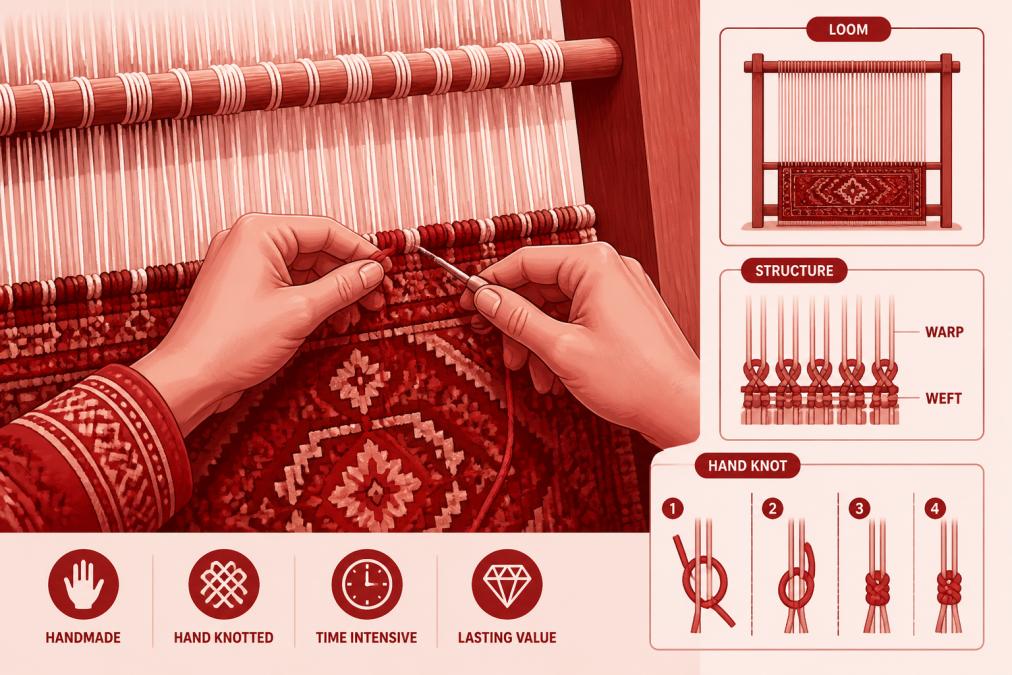 Close-up of an artisan's hands working on a traditional wooden loom, showing intricate hand-knotting with colorful wool threads, warp and weft visible, natural light streaming across the detailed textile work