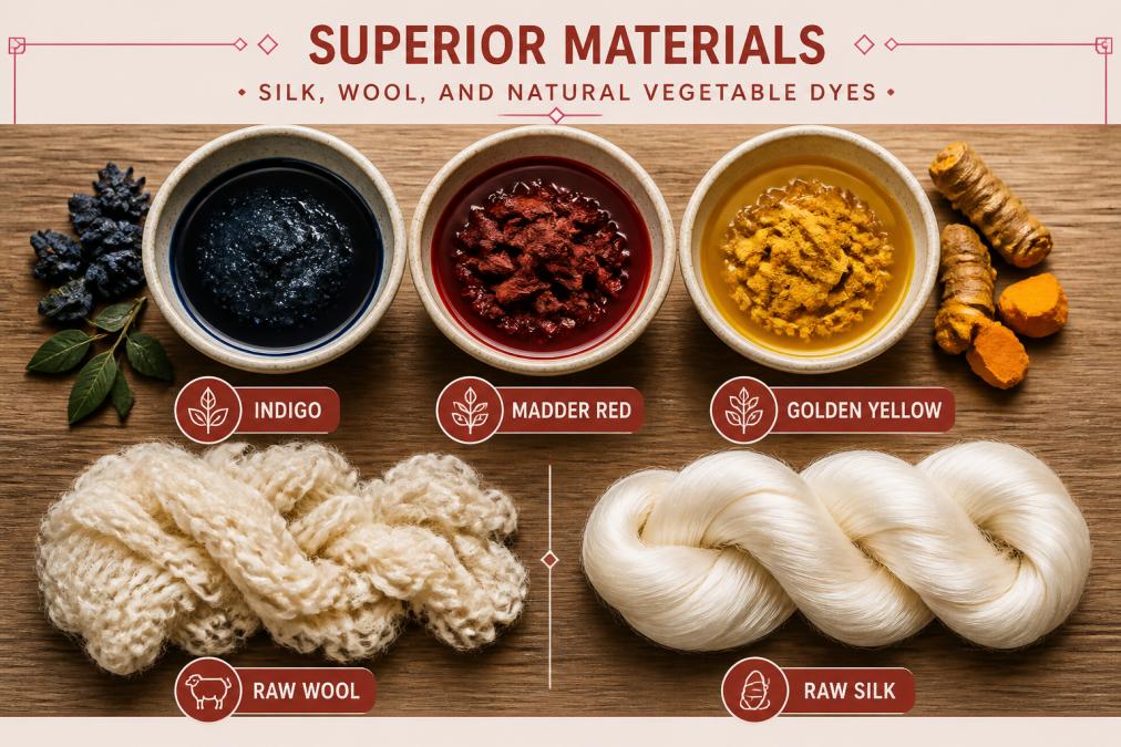 Overhead view of natural dye samples in ceramic bowls, deep indigo, rich madder red, golden yellow, alongside raw wool and silk fibers arranged on a wooden surface, showing the rich colors and textures of premium materials