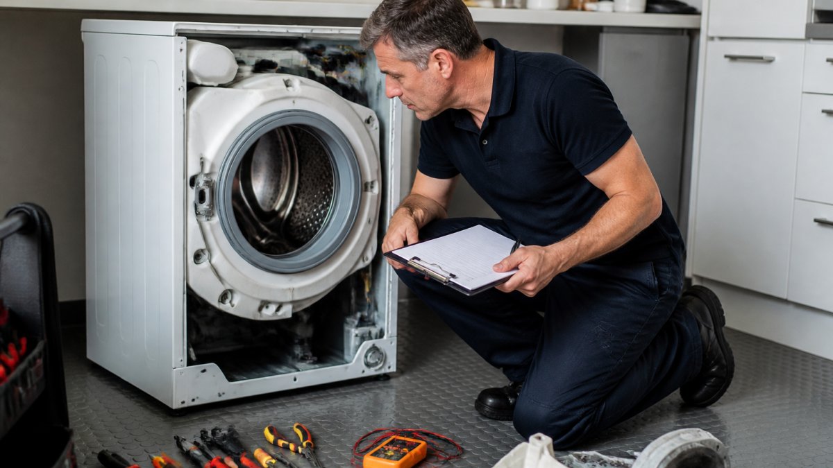 Technician using diagnostic tools to inspect a washing machine to ensure appliance repairs fail less often.