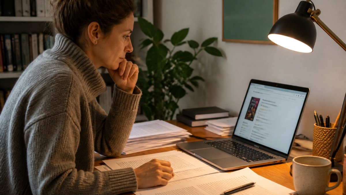 Author sitting at desk with manuscript pages spread out, laptop open showing Goodreads review page, warm desk lamp lighting the workspace