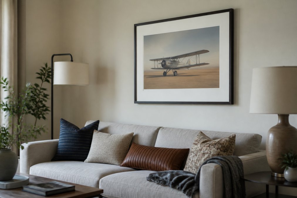 A framed archival print displayed on a living room wall away from direct sunlight, showing proper placement in an interior setting with soft ambient lighting