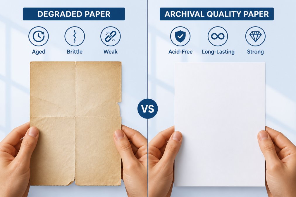 Close-up of hands holding two sheets of paper side by side, one yellowed and brittle with visible creasing, one bright white and pristine, showing the visible difference between degraded and archival-quality paper in natural window lighting