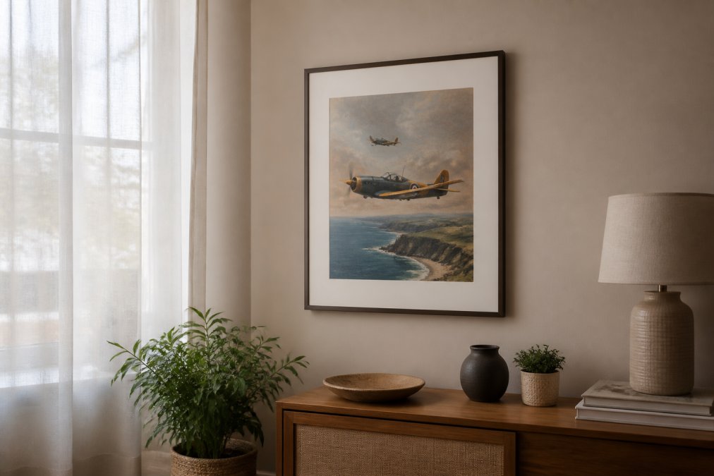 A framed art print displayed on a wall in a well-lit room with natural light filtered through sheer curtains, showing proper display conditions for archival prints in a modern home setting