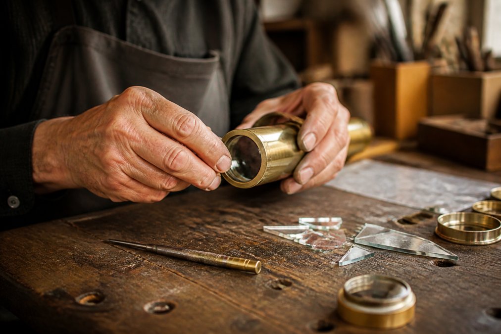 Close-up of an artisan's hands assembling a brass kaleidoscope barrel on a workbench, with small mirrors and glass pieces scattered nearby in a warm workshop setting