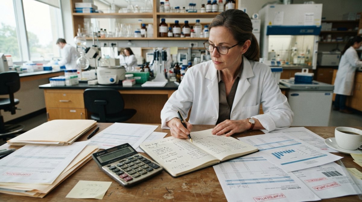Laboratory scientist in white coat examining cell samples under microscope in modern cancer research facility, with bright overhead lighting and multiple monitors displaying research data