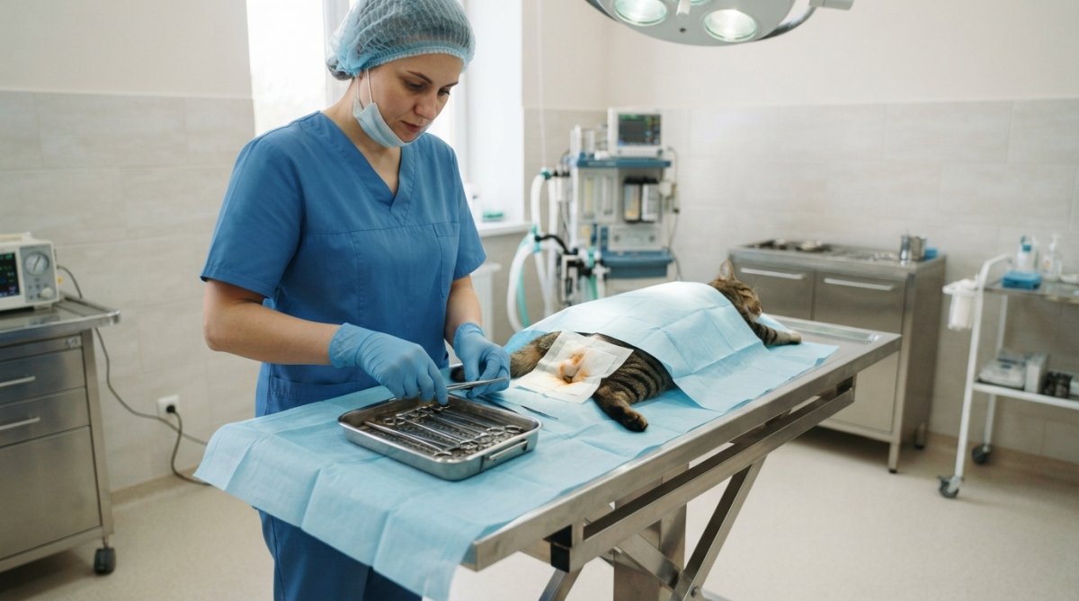 Veterinarian in surgical attire preparing sterile instruments and surgical site for a cat neutering procedure in a modern operating room with bright overhead lighting