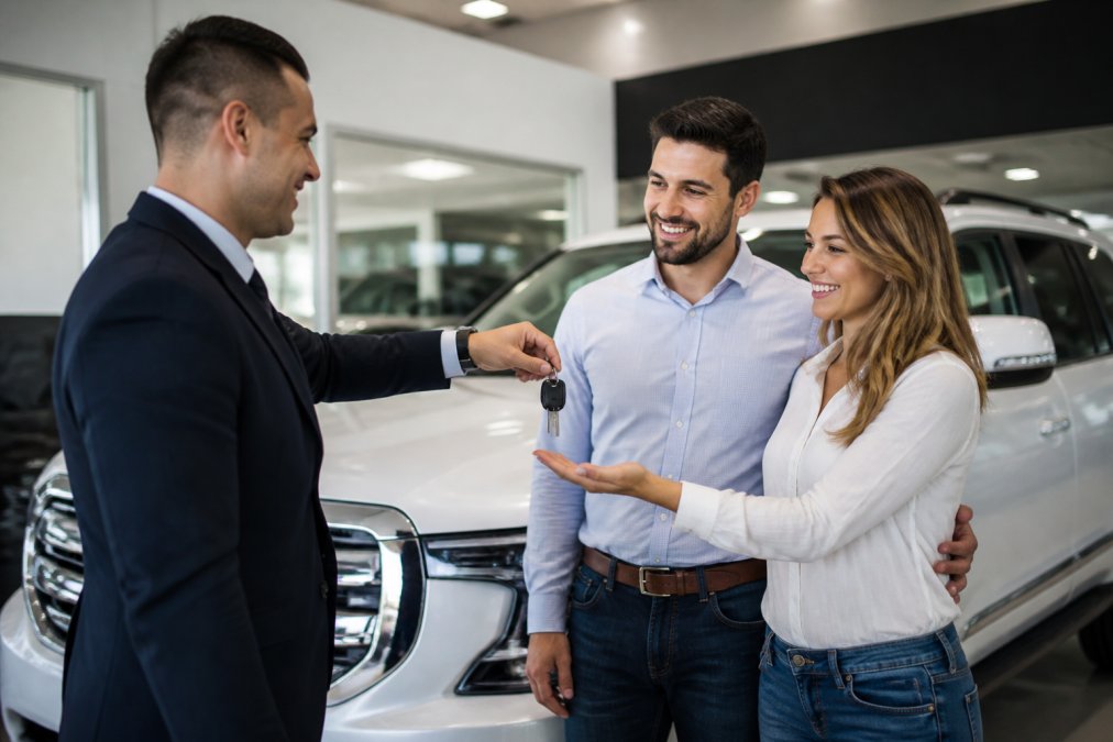 A sales professional in a dealership showroom handing keys to a smiling couple, clean SUV visible in the background with bright overhead lighting