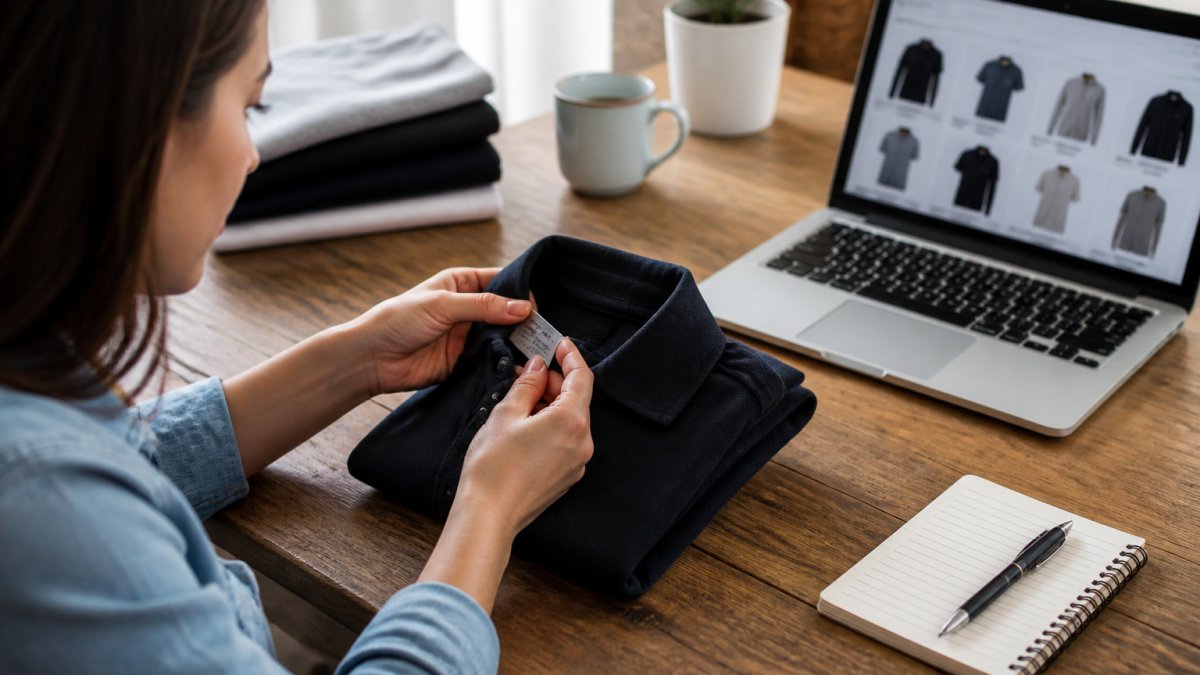 Checklist for verifying authentic apparel while shopping for designer clothes online at a desk