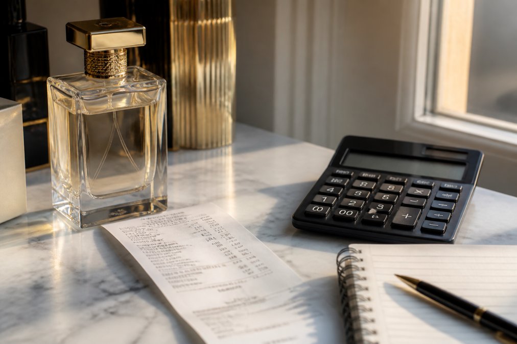 Elegant perfume bottle on a marble vanity with a calculator and receipt explaining why are designer perfumes so expensive
