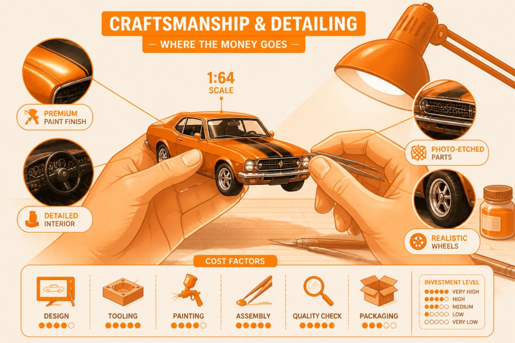 A collector's hands carefully holding a detailed 1:64 scale diecast model car under a desk lamp, showing the fine paint finish and tiny photo-etched grille details
