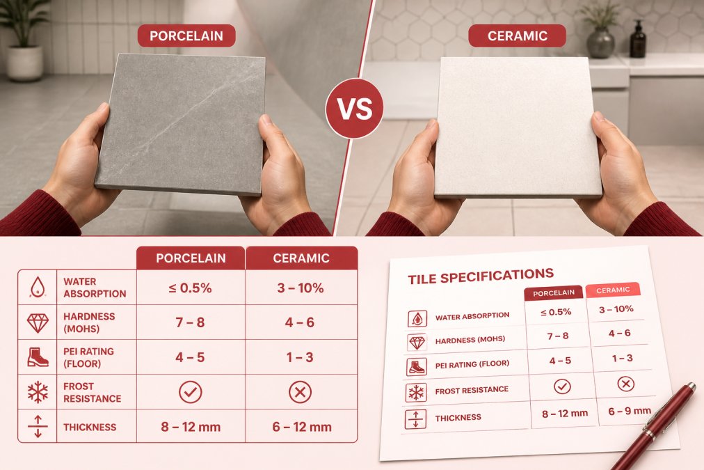 Hands comparing porcelain and ceramic factory direct tiles with a technical specification sheet on a table